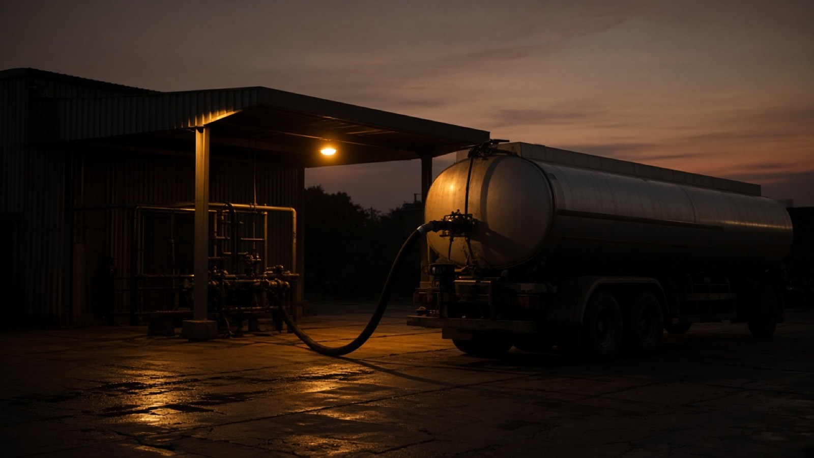 A fuel tanker at the depot after dark.