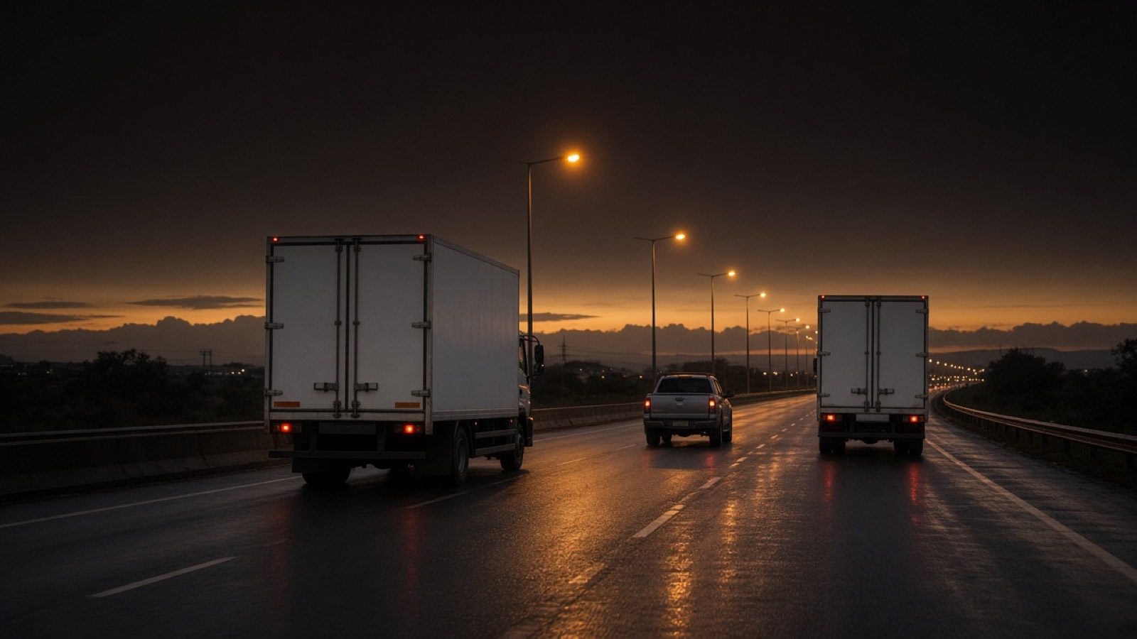 Trucks on a wet highway at dusk.