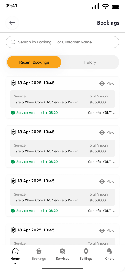 The UrDrive Vendor app Bookings screen: Recent Bookings and History tabs, and booking cards with date, service, amount and accepted status.